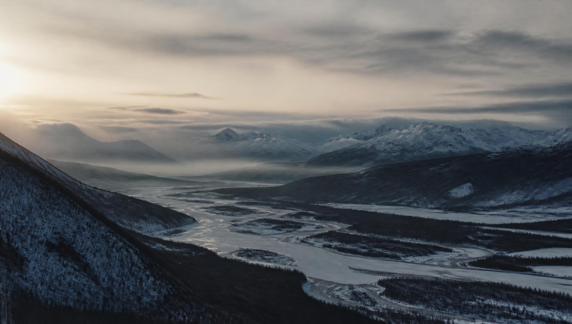 Winter light across an Alaskan river valley near Anchorage.